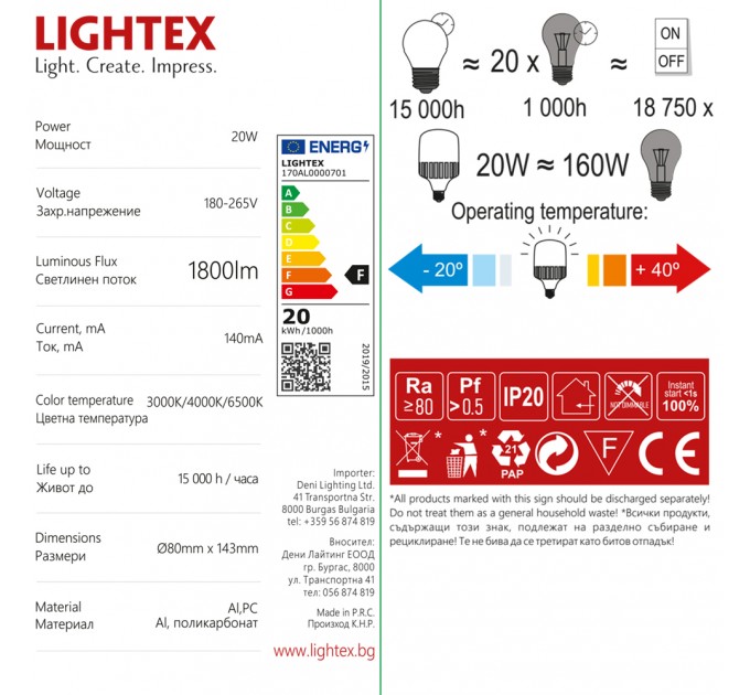 LED лампа индустриална 20W 220V E27 3CCT 1800lm с Dip Switch Lightex