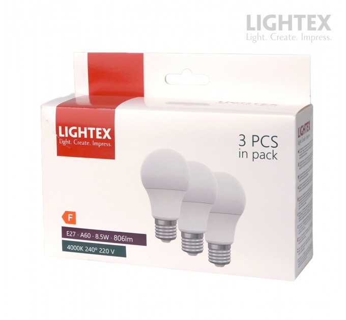 LED лампа Plastic 8.5W 220V E27 A60 4000K 806lm 3 броя в кутия Lightex