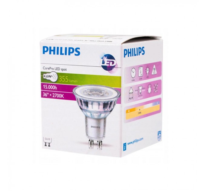 Philips LED лампа Corepro 4.6-50W GU10 36D 355lm 2700K 15000h