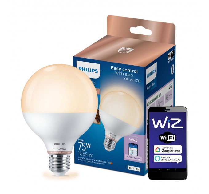 Philips Smart с WiZ LED лампа 11W-75W G95 E27 1055lm 2700K-6500K 25000h