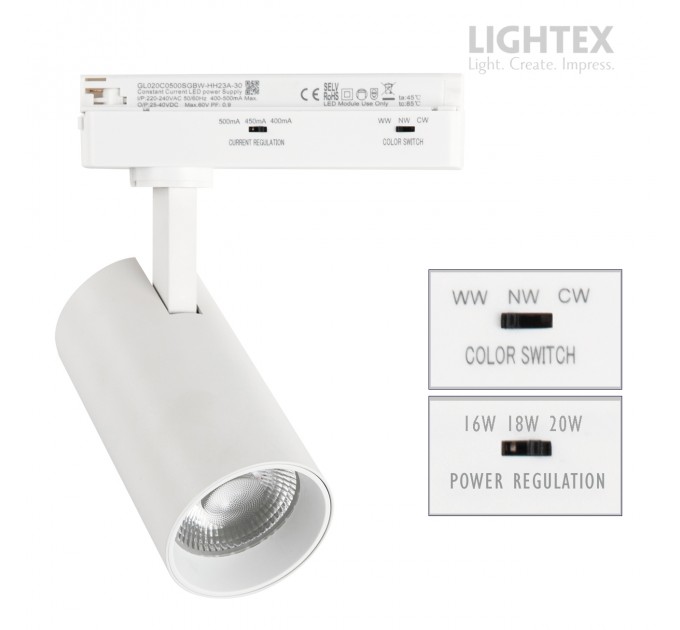 LED прожектор за шина TRON 16-18-20W 220V 3000K/4000K/5000K 1600lm с ключ за смяна на мощност и цветна температура 36D Ø66х130mm бял Lightex