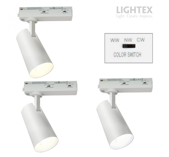 LED прожектор за шина TRON 16-18-20W 220V 3000K/4000K/5000K 1600lm с ключ за смяна на мощност и цветна температура 36D Ø66х130mm бял Lightex