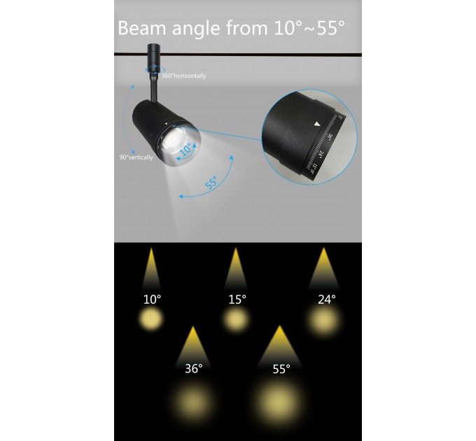 LED прожектор за система IMAGINARIUM HAWK DC48V 10W 3000K 450-600lm 10°-55° Ø55x115mm алуминий черен Lightex