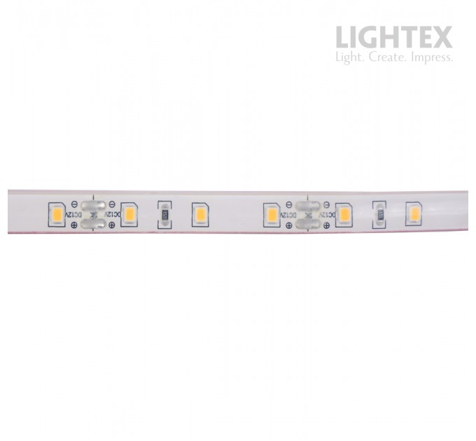 LED лента влагозащитена 2835 60бр/м 12V DC 4.8W/m 102lm/W WW 3000K IP44 силиконово покритие10мм Lightex /опаковка 5м/