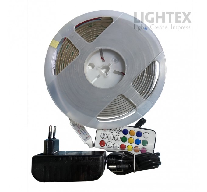 Комплект дигитална LED лента 24V DC 480COB 14W/m RGB 2800lm IP20 5м с адаптор 220V и контролер Lightex