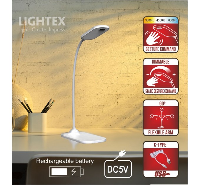 LED настолна лампа SIGMA DC 5V 3W 3000K-6500K 200lm 1200mah Li-ion управление с жест IP20 бяла Lightex