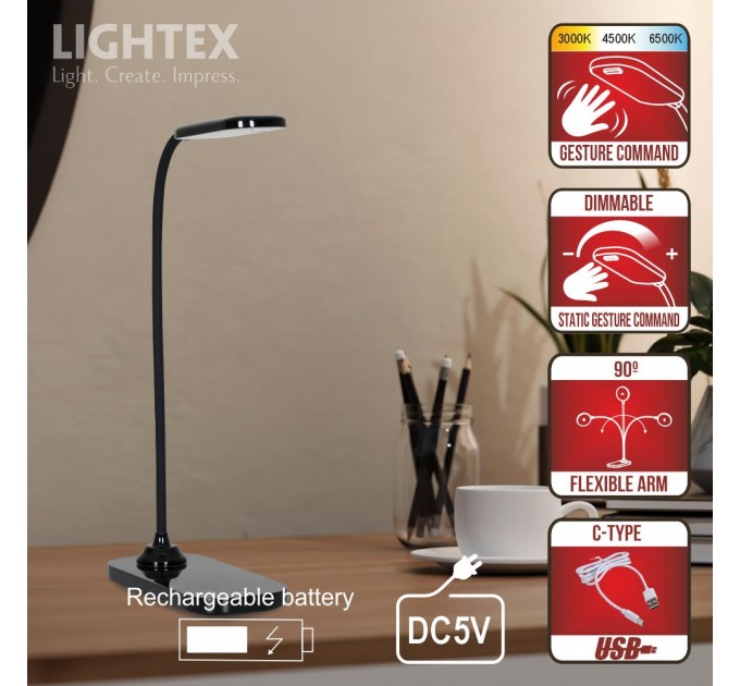 LED настолна лампа SIGMA DC 5V 3W 3000K-6500K 200lm 1200mah Li-ion управление с жест IP20 черна Lightex