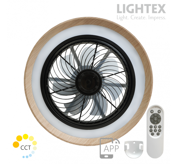 LED вентилатор с дистанционно max 44W LED + 14W мотор,  CCT 3520lm черен Ø490mm, APP  Lightex