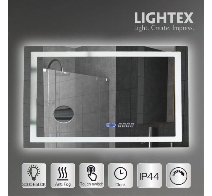 LED Огледало за баня 38W 3000K-6500K 1980Lm IP44 240V 800x600mm Anti fog,Touch дисплей,дим.,часовник,термометър,козм.огледало Lightex