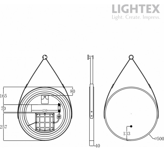 LED Огледало за баня 23W 3000K-6500K 1309Lm IP44 240V Ø500mm Anti fog,Touch дисплей,димиране,черно с кожен колан Lightex