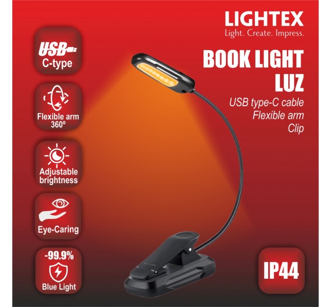 LED лампа за книга LUZ димируема 1.8W 60lm 1600K-4200K-6000K battery 5V 500mAh USB type-C IP 44 със щипка и гъвкаво рамо черна Lightex