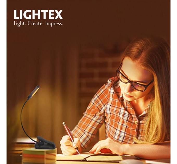 LED лампа за книга LUZ димируема 1.8W 60lm 1600K-4200K-6000K battery 5V 500mAh USB type-C IP 44 със щипка и гъвкаво рамо черна Lightex