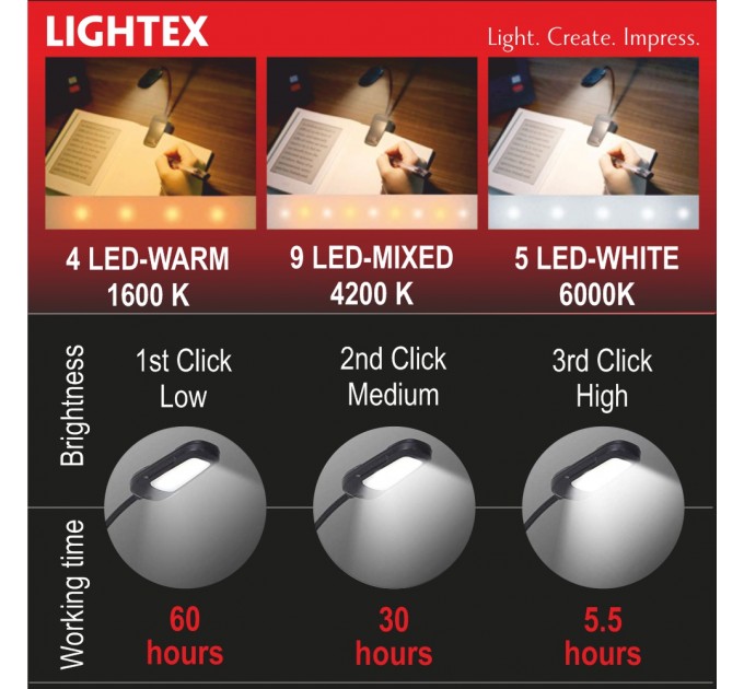 LED лампа за книга LUZ димируема 1.8W 60lm 1600K-4200K-6000K battery 5V 500mAh USB type-C IP 44 със щипка и гъвкаво рамо черна Lightex
