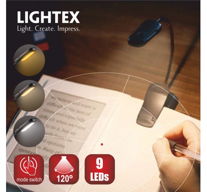LED лампа за книга LUZ димируема 1.8W 60lm 1600K-4200K-6000K battery 5V 500mAh USB type-C IP 44 със щипка и гъвкаво рамо черна Lightex