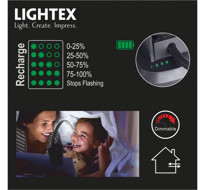 LED лампа за книга LUZ димируема 1.8W 60lm 1600K-4200K-6000K battery 5V 500mAh USB type-C IP 44 със щипка и гъвкаво рамо черна Lightex