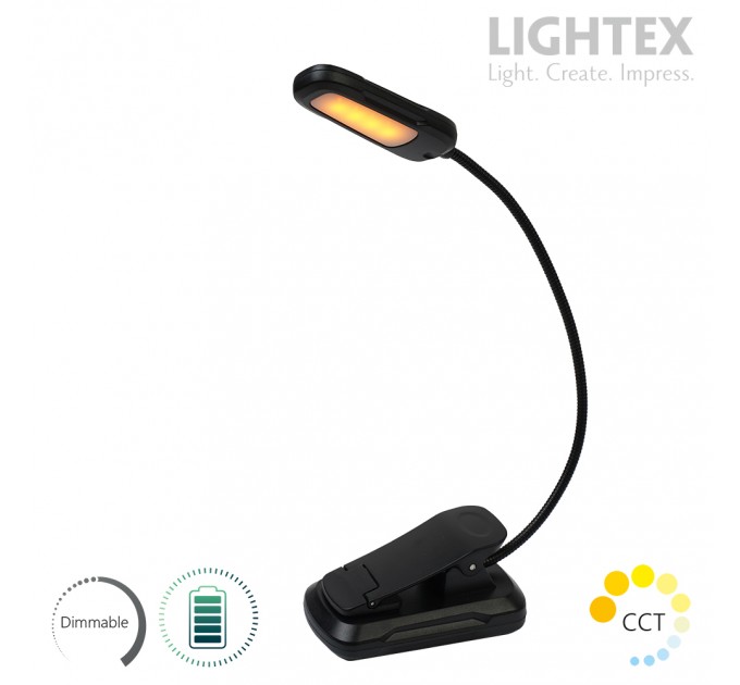 LED лампа за книга LUZ димируема 1.8W 60lm 1600K-4200K-6000K battery 5V 500mAh USB type-C IP 44 със щипка и гъвкаво рамо черна Lightex