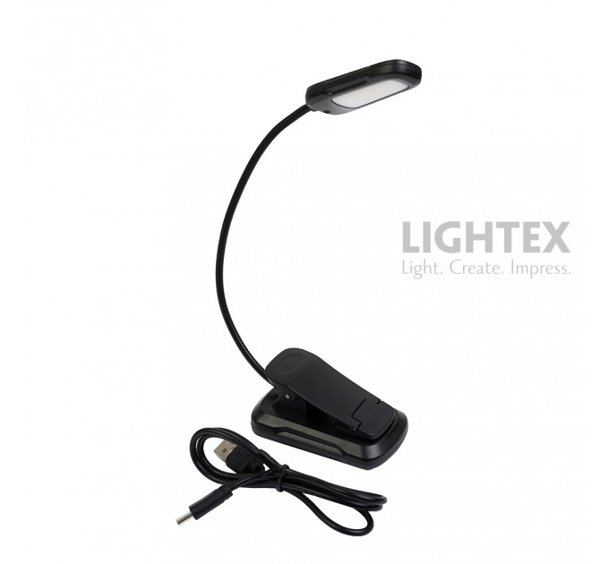 LED лампа за книга LUZ димируема 1.8W 60lm 1600K-4200K-6000K battery 5V 500mAh USB type-C IP 44 със щипка и гъвкаво рамо черна Lightex