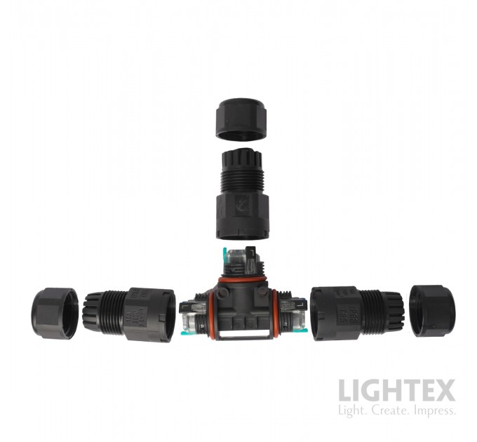 Кабелен T-конектор IP68 черен за кабел 3х0.5-2.5мм2 Lightex