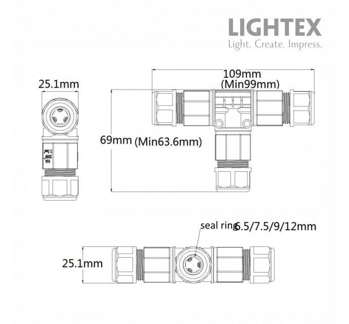 Кабелен T-конектор IP68 черен за кабел 3х0.5-2.5мм2 Lightex